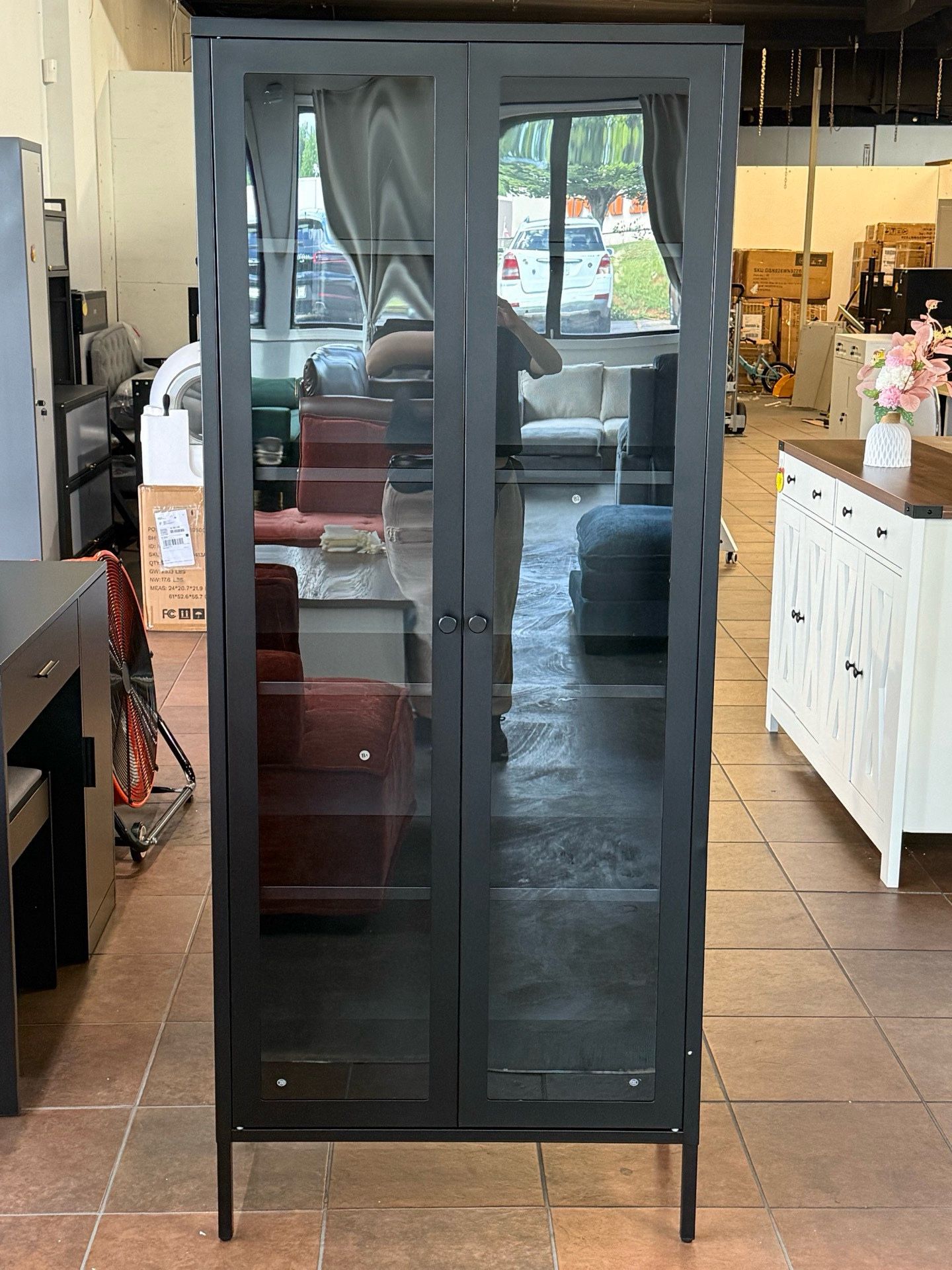 🔥67" Metal Glass Display Cabinet, Storage Cabinet for Collectibles, Curio, China, Books, Glass Doors Display Case with 4 Adjustable Shelves for Home
