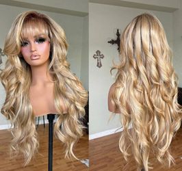 Curtain bangs golden blonde human hair lace front wig