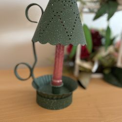 Vintage Punched Tin Rustic Looking Candle Holder With Burgundy Candle 