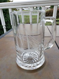 One (1) Clipper Sail Boat Glass Stein Small Mug 5 1/2 inches tall