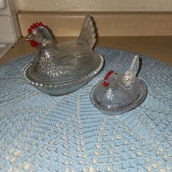 These Features A Vintage Collectable " Indiana Glass Clear   Hen On Nest "HON" COVERED  Dish Set.