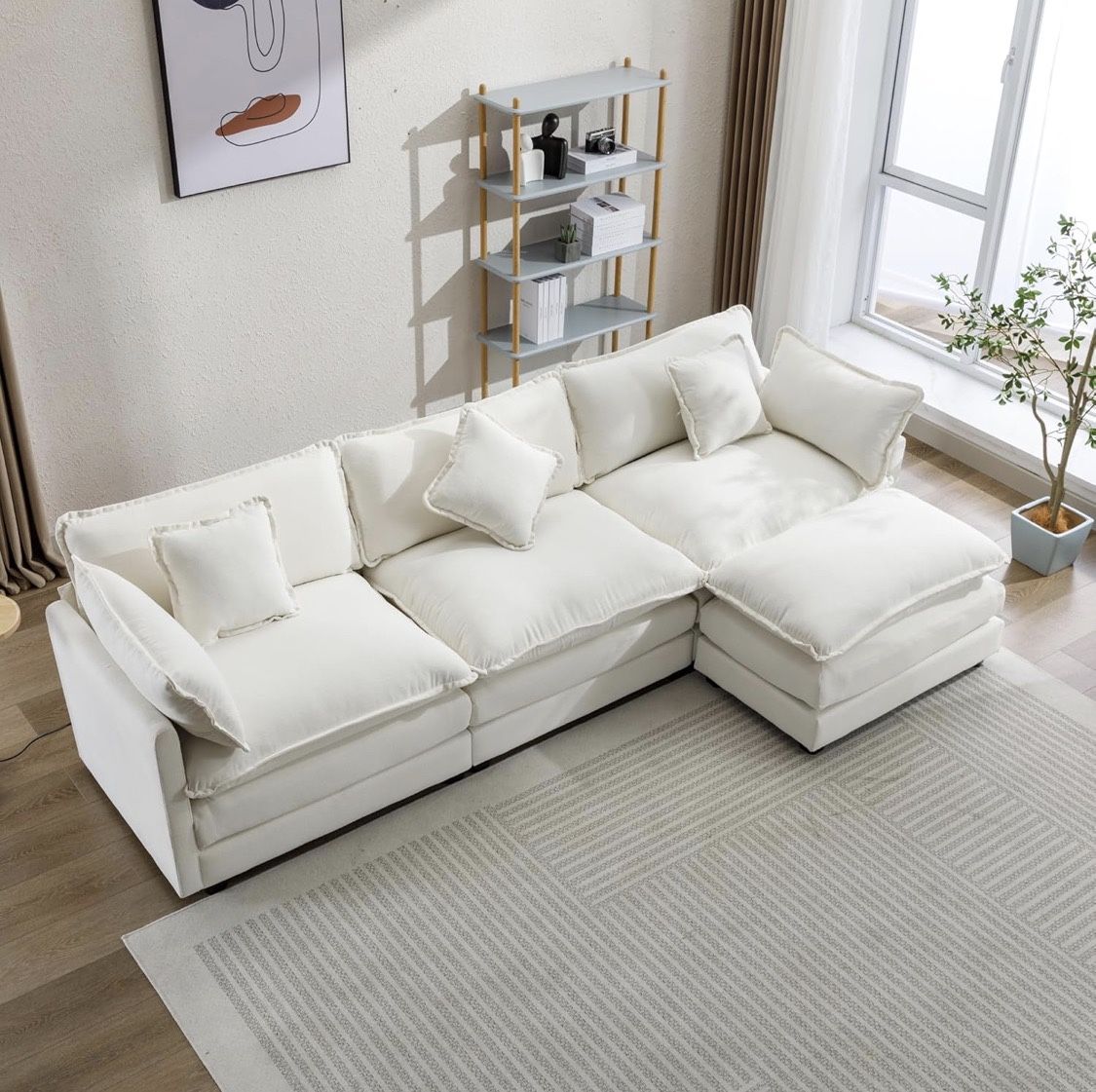 112” Beige Chenille L-Shape Upholstered Sofa with Ottoman & Pillows [NEW]
