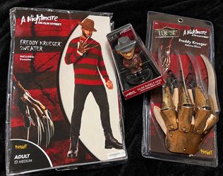 Freddy Krueger Costume Bundle Sweater M Deluxe Glove Solar Bobblehead NEW