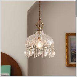 LIGHTLAND 8 Inch Vintage Crystal Chandelier, Crystal Dome Chandelier for Bedroom, Hallway, Balcony, Bedside, Bar