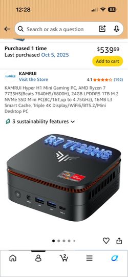 KAMRUI Hyper H1 Mini Gaming PC, AMD Ryzen 7 7735HS(Beats 7640HS/6800H), 24GB LPDDR5 1TB M.2 NVMe SSD