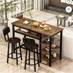 Bar Dining Table Set for 2, 3 Piece Bar Table and Chairs Set, Kitchen Counter Height Dining Table Set, Small Kitchen Bar Table with Storage, Breakfast