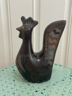 Vintage 11.5”H Mexican Tonala Hand-Painted Brown Terracotta Rooster Sculpture