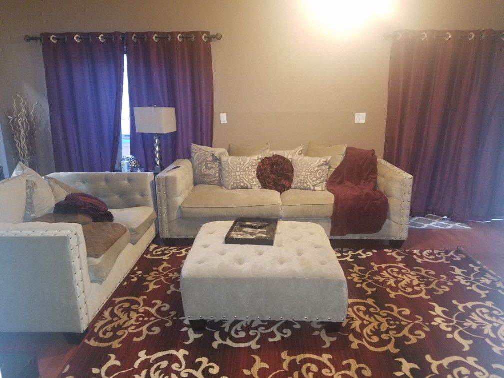 2 Beige Tan Couch Sofa, Ottoman