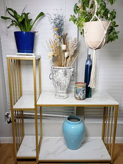 Shelving Unit NEW Brushed Gold Metal White Marble Wood