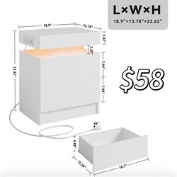 😀 LIKIMIO Night Stand  Modern White Nightstand with with Charging Station, Bedside Tables with LED Light and Drawers, End Table for Bedroom 1pc