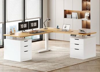Brand New 17 Stories L-Shaped Electric Standing Desk (Natural Wood / White)