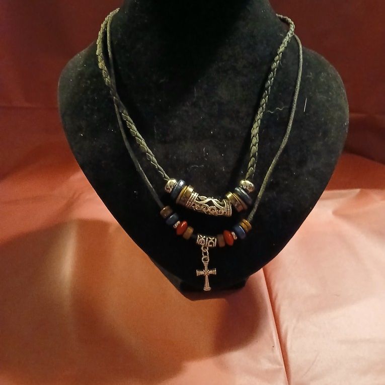 Necklace A Cross On Leather With Red And Black Beads 