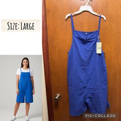 Blue Cotton Linen Casual Romper with adjustable suspender straps and pocket