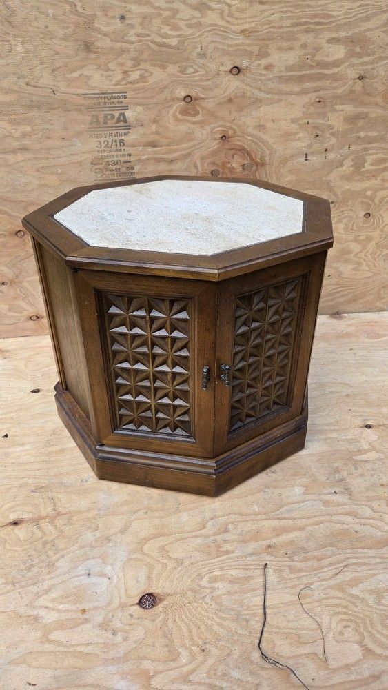 Vintage Octagon Stone Top End Table Cabinet β Mid Century Carved Wood Accent Table