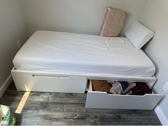 Twin bed frame with drawers and year old sealed/covered little monkeys mattress