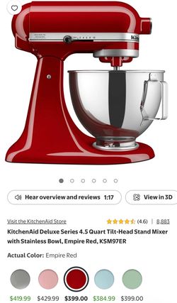 KitchenAid Deluxe Series 4.5 Quart Tilt-Head Stand Mixer with Stainless Bowl, Empire Red, KSM97ER