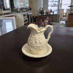 Vintage Miniature Ceramic Pitcher & Basin Set From The 60's Ornate Embossed Grape Motif Perfect Creamer Set Or Decorative Item 4.5"H X 4.5"W