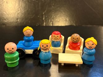 10 Pc Vintage Fisher-Price Little People Wooden Plastic Figures Car Chair Table
