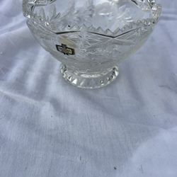 VTG ‘70’s Yugoslavia 24% Lead Crystal Candy Bowl Dish Etched Roses And Leaves 