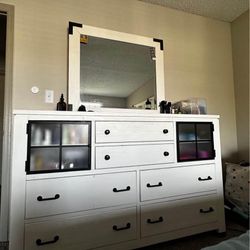 White wood dresser with mirror