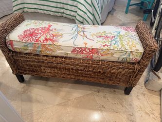 Wicker Storage Bench with Coral Print Cushion