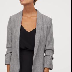 H&M shawl collar gray open front scrunched quarter sleeve tweed blazer jacket 10