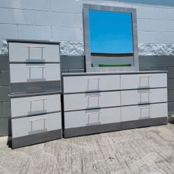 DRESSER WITH MIRROR AND TWO NIGHTSTANDS 