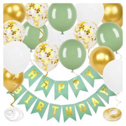 Happy Birthday Banner, Green Birthday Decorations, 16 Pcs 12 Inch Happy Birthday Balloons with 2 Ribbons for Names, Women, Girls and Boys, Birthday Pa