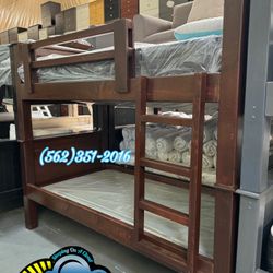 Brown Twin/twin Pinewood Bunk Bed With Mattresses