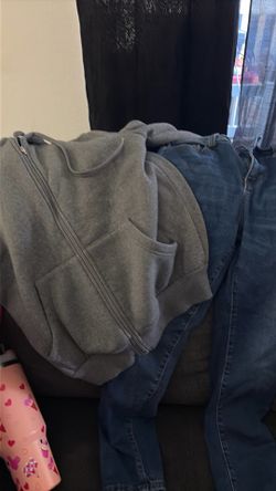 Dark Blue pants with a Grey Sweater