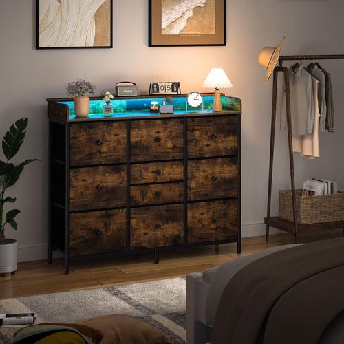 Modern Bedroom Dresser with Charging Station, LED Lights, and 10 Storage Drawers
