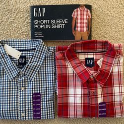 Gap Plaid Mens Short Sleeve Button Down Poplin Cotton Shirt Red & Blue Checker