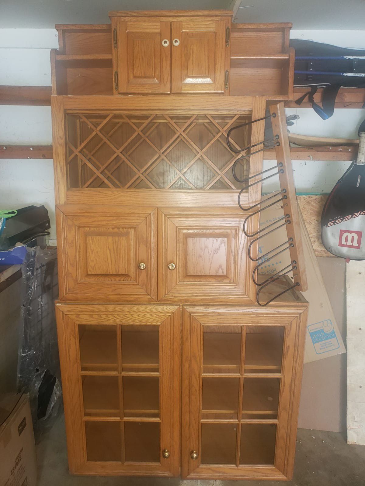 Oak wood 3 cabinets and wrought iron shelf