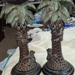 Set Of Two Bronze Coconut Palm Trees With Climbing Monkeys 13 Inch Tall Pillar Candle Holders L6V037