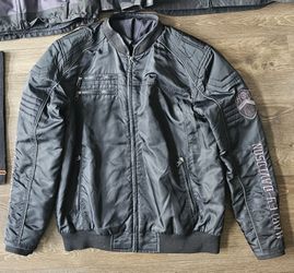 Harley Davidson Embroided Jacket With Removable Hood Size Large. Comes with a Harley Davidson scarf SEE DESCRIPTION