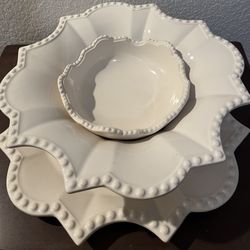 Antheor France 3-Piece White Ceramic Serving Set – Large Platter & Bowls – French Farmhouse Style