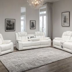 White 3 Pc Recliner Living Room Set 