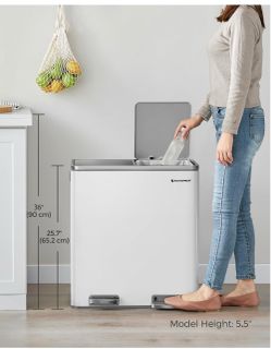 Trash Can, 2 x 8 Gallon (2 x 30 L), White and Gray Garbage Can for Kitchen, with 15 Trash Bags, 2 Compartments, Plastic Inner Buckets and Hinged Lids,