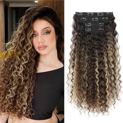 lip in Hair Extensions, FLUFYMOOZ 4PC 100? Pure Protein Silk Hair Extensions Long Soft Natural Hairpiece 20 Inch Curly Hair