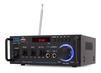 200W Bluetooth Compact Power Amplifier - Wireless 2 Channel Audio Receiver with Dual Karaoke Mic Input - RCA - USB-A + SD Card MP3 Player - FM Radio -