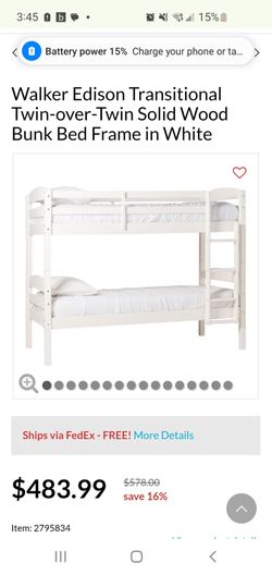 Walker Edison Twin-over-Twin Solid Wood Bunk Bed White