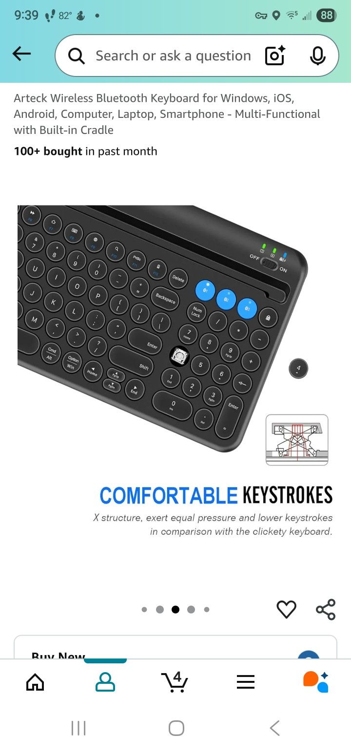 Arteck Wireless Bluetooth Keyboard for Windows, iOS, Android, Computer, Laptop, Smartphone - Multi-Functional with Built-in Cradle