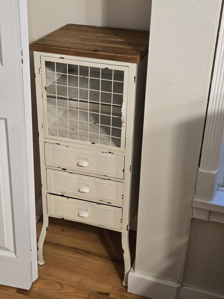 Antique White Wood Metal Cabinet With Drawers