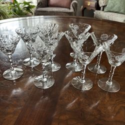 10 - 1950’s Etched Crystal Small Wine Glasses