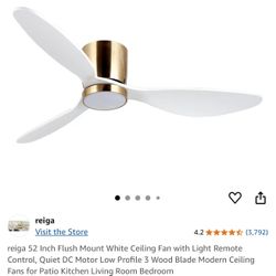 reiga 52 Inch Flush Mount White Ceiling Fan with Light Remote Control, Quiet DC Motor Low Profile 3 Wood Blade Modern Ceiling Fans for Patio Kitchen L