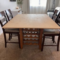 Solid Wood Wine Country Dining Table with Built-In Wine Rack + 4 Barstools