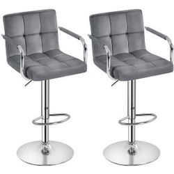 Counter Height Bar Stools Set of 2 Velvet Swivel BarStools for Kitchen Stool Height Adjustable Counter Stool Barstools with Armrest, Velvet, Grey