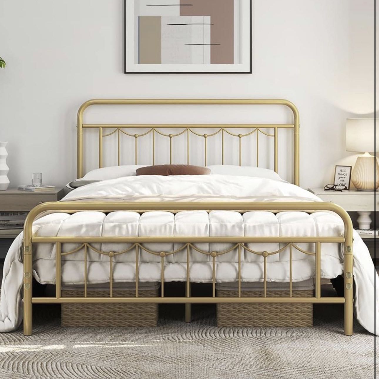 Queen Size Bed Frame with Vintage Headboard and Footboard, Farmhouse Platform, Heavy Duty Steel Slat Support, Ample Under-Bed Storage, No Box Spring N