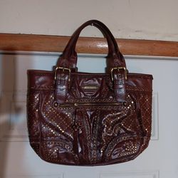 Isabella Fiore Carina Stud Muffin Large Brown Leather Brass Stud Hobo Tote Bag