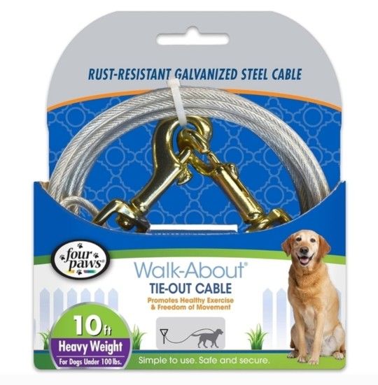 Four Paws Silver Heavy Weight Dog Walk-About Tie-Out Cable 10ft Under 100lbs